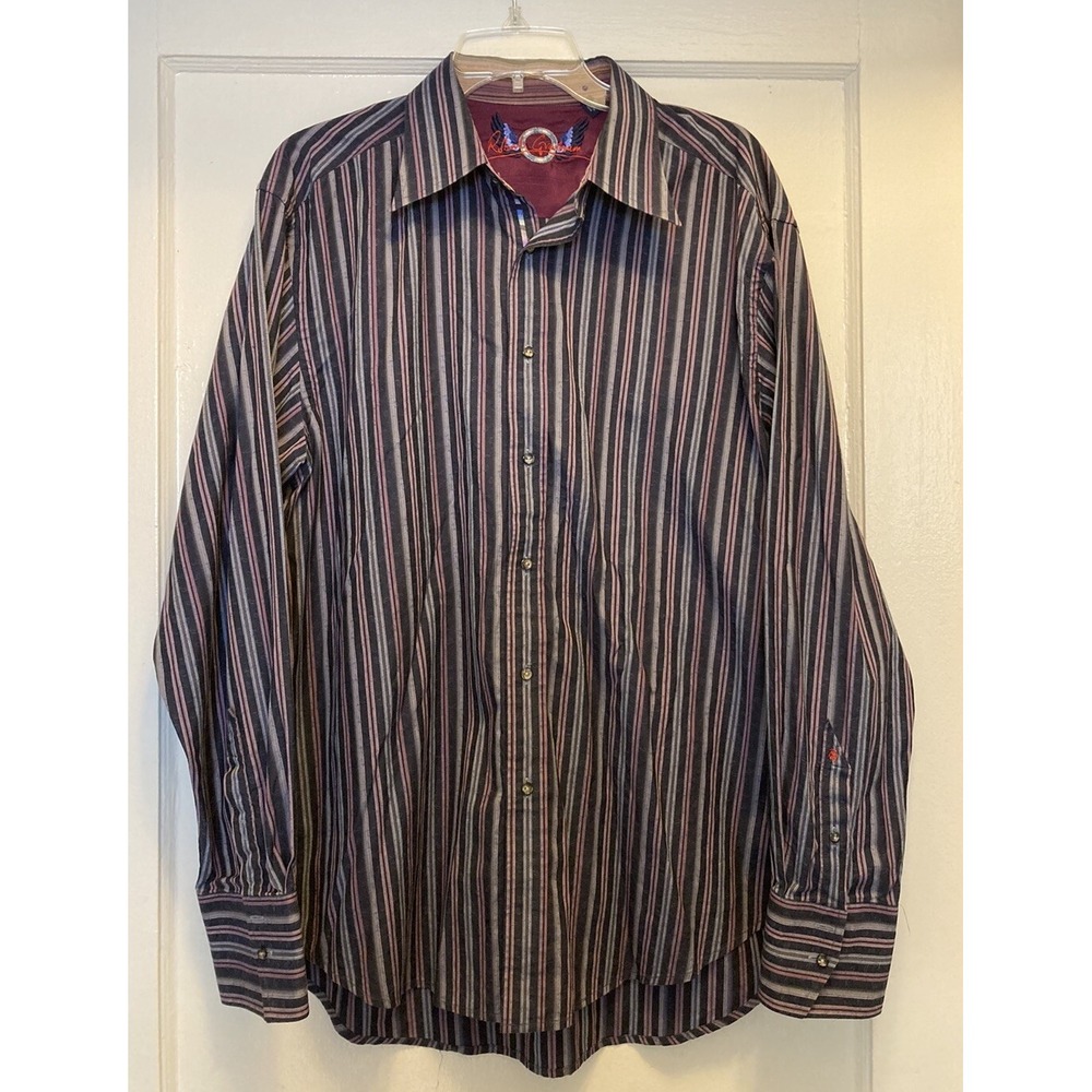 Robert Graham Men's Shirt Size XL Button Up Blue/Purple Stripe Paisley Flip Cuff